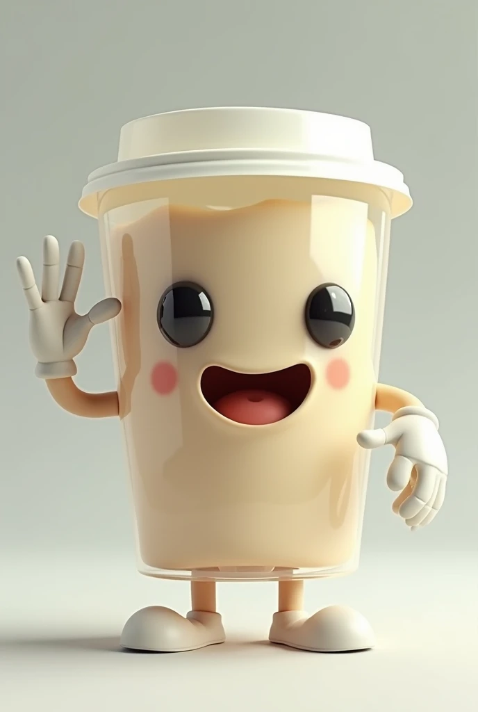 Disposable cup with white animated gelatin with eyes and hands with white gloves