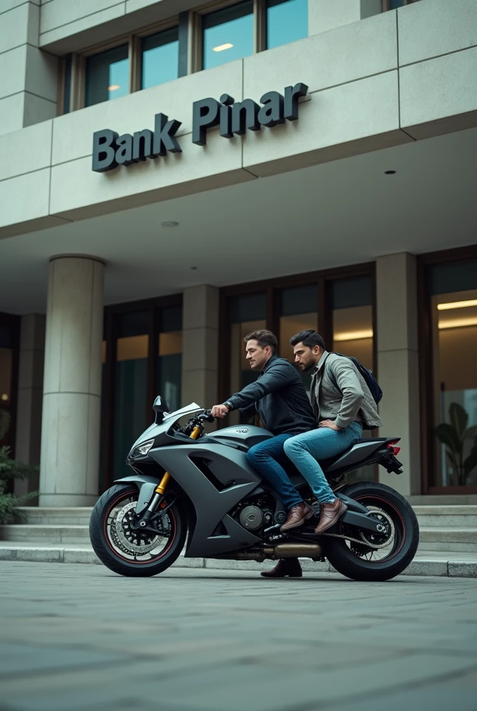 Angle camera wide shot from the side Theres 2 person (male) on a motorcycle who just arrived in bank building and park their motorcycle infront of it. the bank name is bank pinar