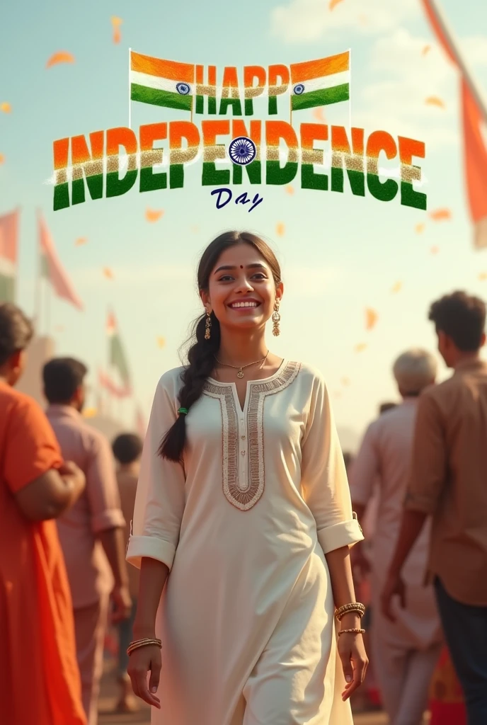 A real 20-year-old girl celebrates Indian Independence Day. she is wearing white kurti outfits with the name "sujata" written on her attire. Above her, in the sky, the words "Happy Independence Day" are displayed in a bold font. The backdrop is filled with people celebrating, enhancing the festive and patriotic spirit of the day.