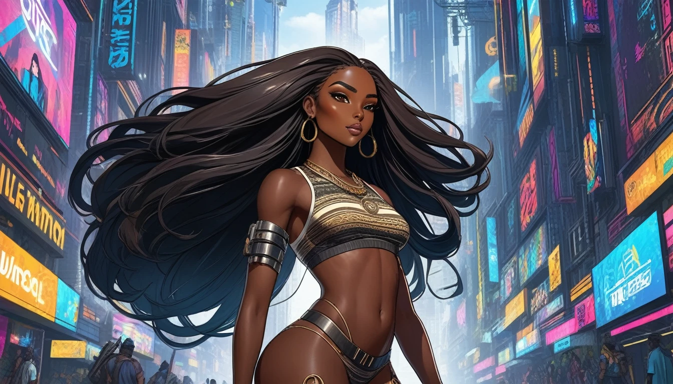 (((Full body: 1.5))), ((dark-skinned beautiful African woman: 1.7)) with very long black hair, strong body, thick athletic body, cyberpunk background, Realistic, top quality picture, 4K, ultra HD |, ((master part))), (((best quality))), ((ultra detail)),(Highly detailed CG illustration), Cinematic light, camera: Choose an angle that highlights the beauty of the character. resolution: Aim for a high-resolution artwork to showcase intricate details and clarity