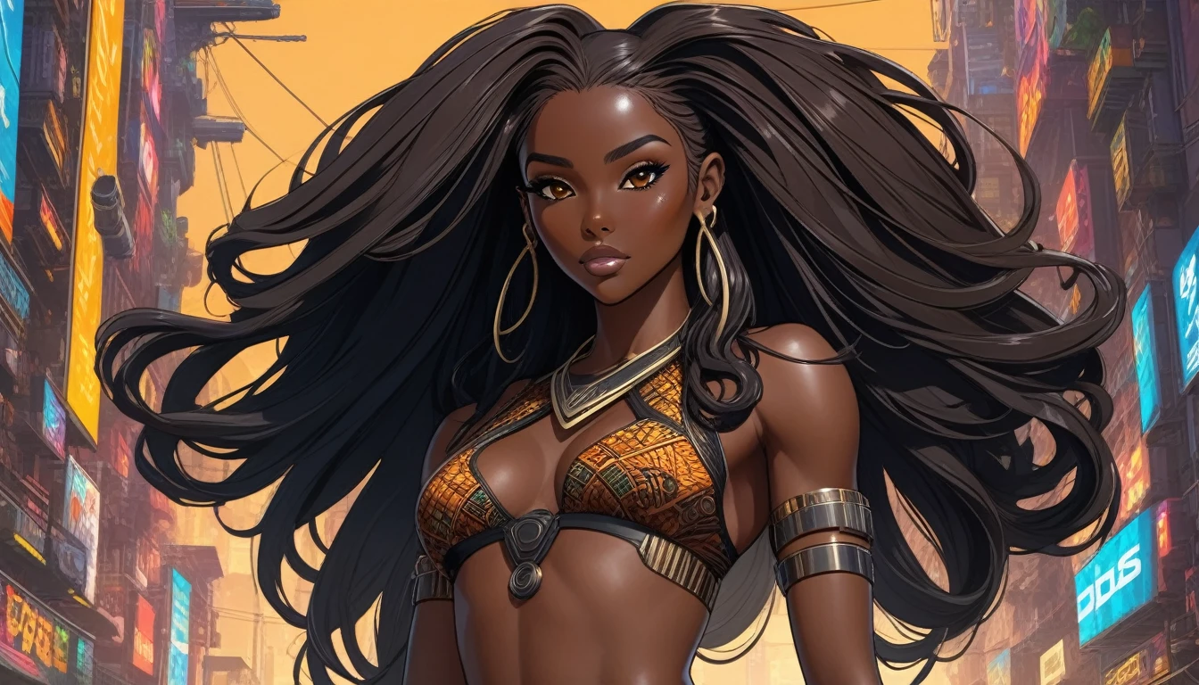 (((Full body: 1.5))), ((dark-skinned beautiful African woman: 1.7)) with very long black hair, strong body, thick athletic body, cyberpunk background, Realistic, top quality picture, 4K, ultra HD |, ((master part))), (((best quality))), ((ultra detail)),(Highly detailed CG illustration), Cinematic light, camera: Choose an angle that highlights the beauty of the character. resolution: Aim for a high-resolution artwork to showcase intricate details and clarity