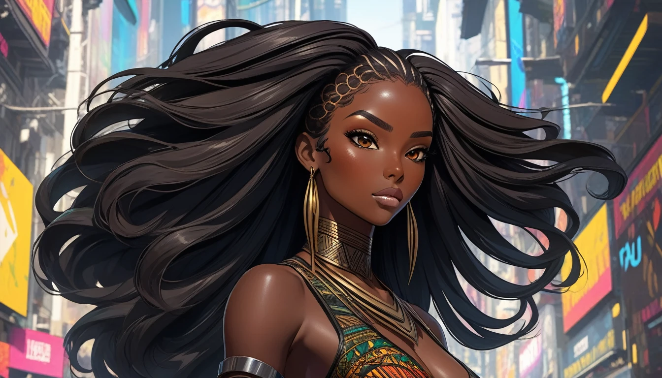 (((Full body: 1.5))), ((dark-skinned beautiful African woman: 1.7)) with very long black hair, strong body, thick athletic body, cyberpunk background, Realistic, top quality picture, 4K, ultra HD |, ((master part))), (((best quality))), ((ultra detail)),(Highly detailed CG illustration), Cinematic light, camera: Choose an angle that highlights the beauty of the character. resolution: Aim for a high-resolution artwork to showcase intricate details and clarity