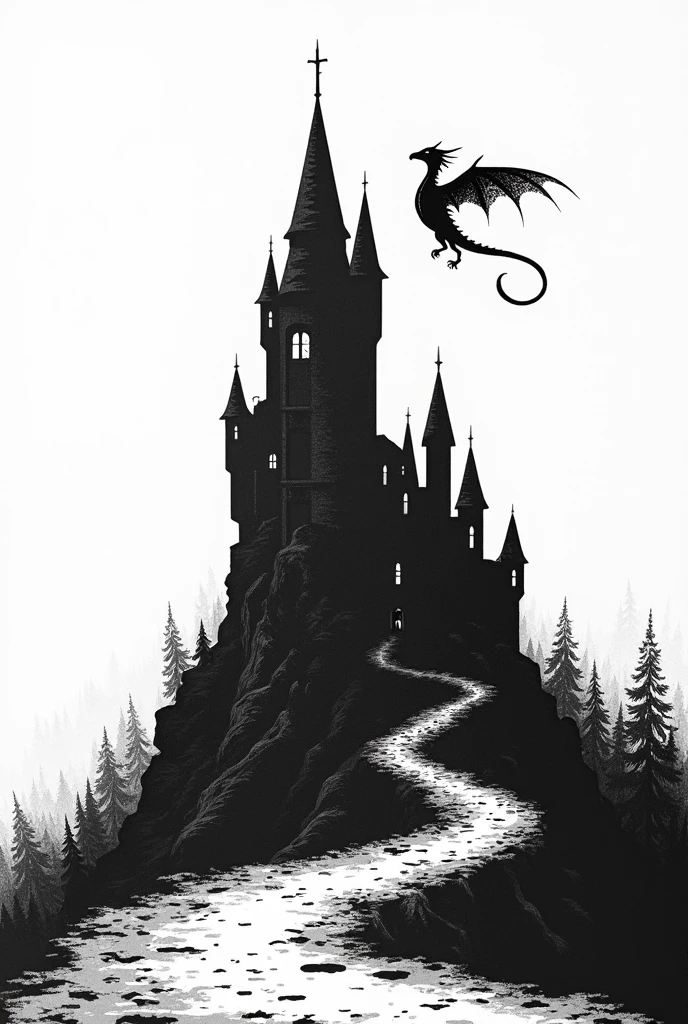 Black and white woodcut, with few hatchings, castle being main, small flying dragon.