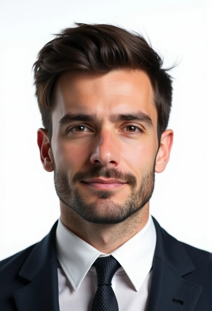 Create a realistic passport-style photo of a man in his 30s, with dark brown hair, a normal build, and light stubble. The man should be wearing a formal suit with a tie, and the background should be plain white, adhering to passport photo requirements. His hair should be short, in a military-style cut, with the top slightly longer and the sides shorter. He should have a neutral expression, without smiling. The image should resemble a real photograph taken in a professional studio.