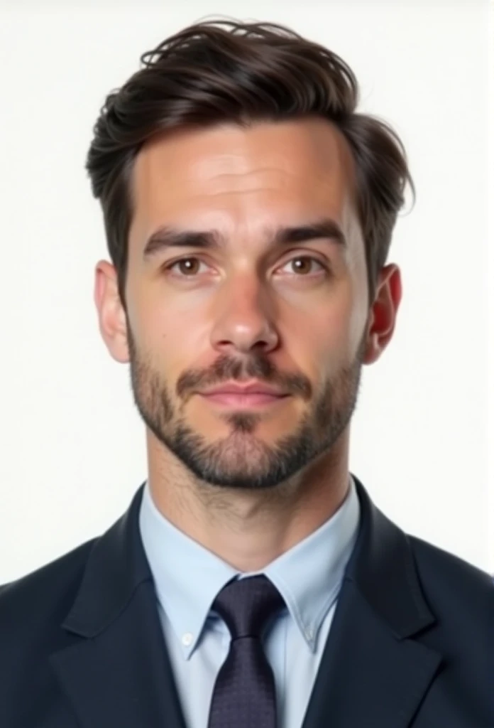 Create a realistic passport-style photo of a man in his 30s, with dark brown hair, a normal build, and light stubble. The man should be wearing a formal suit with a tie, and the background should be plain white, adhering to passport photo requirements. His hair should be short, in a military-style cut, with the top slightly longer and the sides shorter. He should have a neutral expression, without smiling. The image should resemble a real photograph taken in a professional studio.
