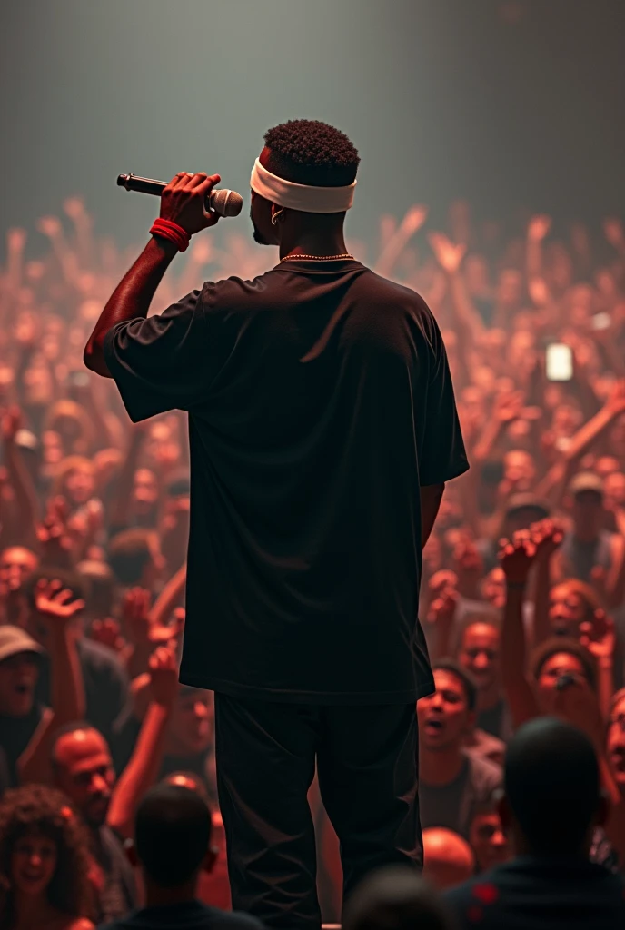 1 rapper, 30 yrs old, white blindfold, short black hair, race:black, oversized black tshirt & pant, red band on forearms, singing on mike, standing in a big crowd with a mic.