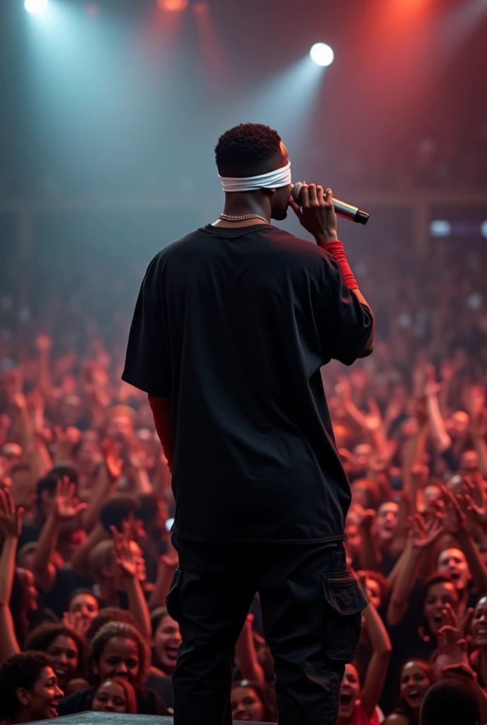 1 rapper, 30 yrs old, white blindfold, short black hair, race:black, oversized black tshirt & pant, red band on forearms, singing on mike, standing in a big crowd with a mic.