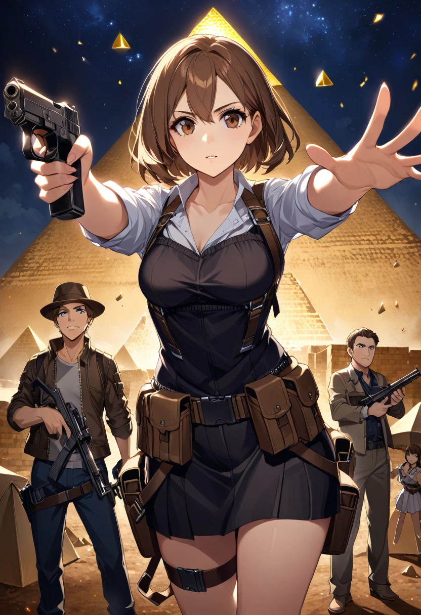 girl, brown hair, brown eyes, fully clothed, guns with straps, looking at pyramid, nighttime, mans arm giving her gun ammo, reaching out for ammo from mans hand