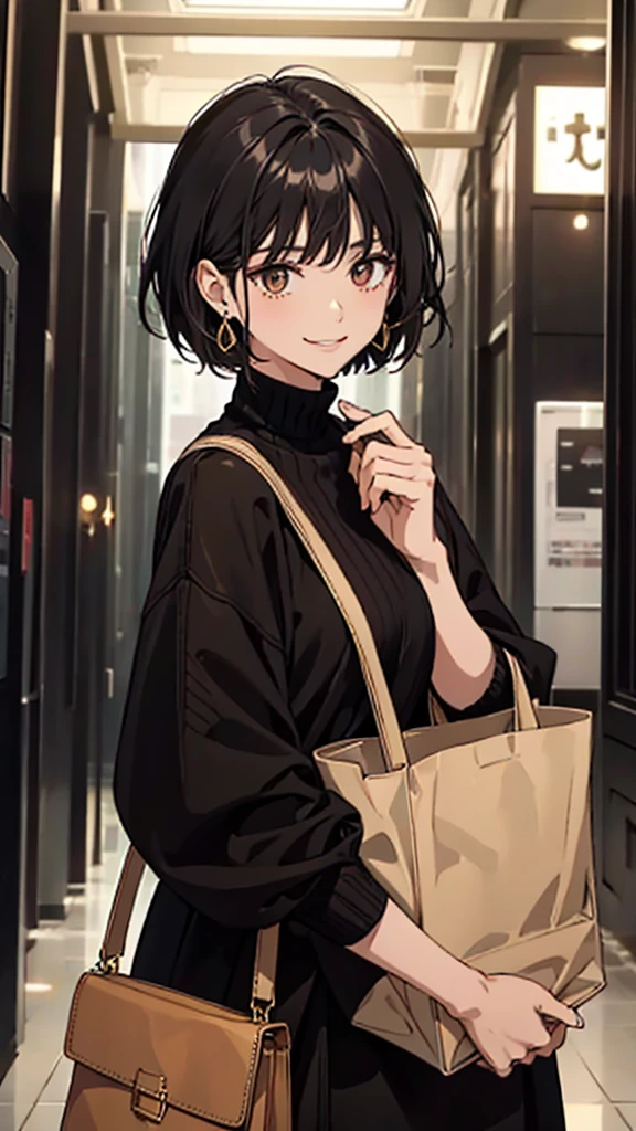 、Lonely smile、Black Short Hair、Black and gold eyes、large ring earrings、Brown clothes、Brown long sleeve knit dress、Black small bag、Upper Body