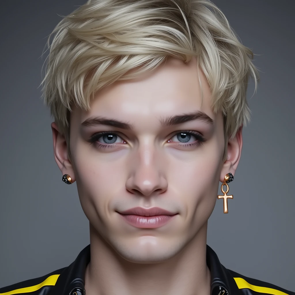 22-year-old male boyish fashion model, lean figure, short platinum blond layered hair with side swept bangs, black leather jacket with yellow accents, rose gold ankh earring, black and silver fangs hoop earring, Germanic-Icelandic features, smirking expression, photorealistic, cinematic