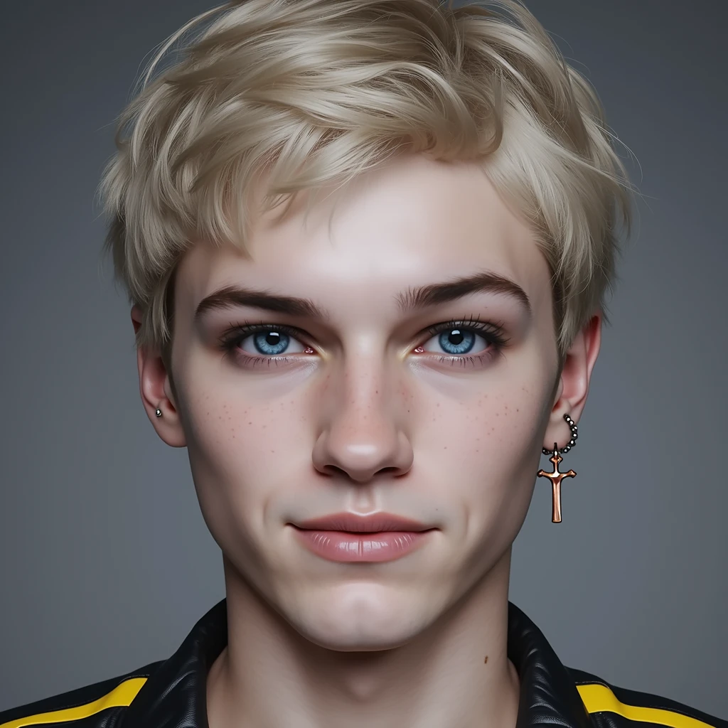 22-year-old male boyish fashion model, lean figure, short platinum blond layered hair with side swept bangs, black leather jacket with yellow accents, rose gold ankh earring, black and silver fangs hoop earring, Germanic-Icelandic features, smirking expression, photorealistic, cinematic