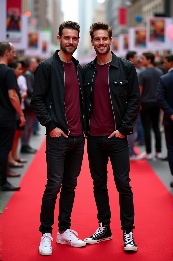 Derek Hale wears black jeans, a basic burgundy t-shirt, a black jacket and white tennis shoes, She is standing smiling next to an attractive young man with short hair, white skin and brown eyes, They are both on the red carpet at Comic-Con