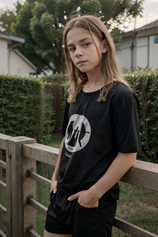 A young boy with a fair complexion and medium-length tousled blond hair. The boy should be standing in a confident is barefoot, slightly relaxed pose, holding onto a black metal fence with both hands, similar to the reference photo. He is wearing a bathing suit with a small logo visible on the front. The boy's facial expression is somewhat serious and thoughtful, and his head is tilted slightly downward as he looks toward the camera. The background should include some greenery, such as shrubs or plants, and a subtle hint of a building or structure in the distance to provide context without distracting from the boy as the focal point of the imag
