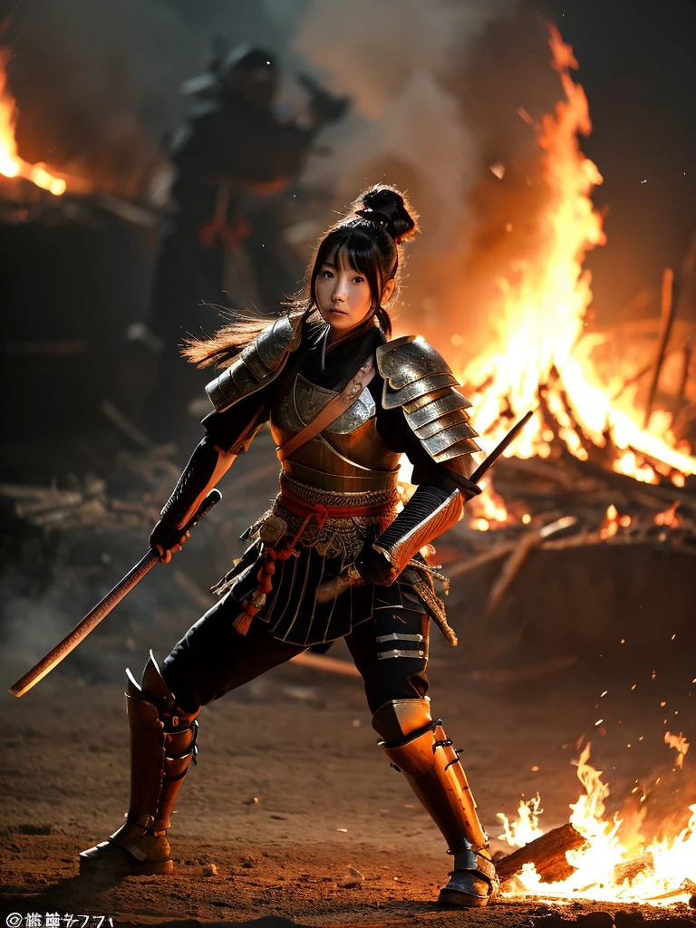 full body, Japanese male samurai、Female warrior of the Sengoku period、Wearing armor、She doesn't wear a helmet.、Fierce battle scene、There are many people fighting、Fire is burning everywhere、A sense of presence、The power of the eyes、Real、Genuine 、２５age、Hair in pigtails Black, realistik, Ultra HD 32k