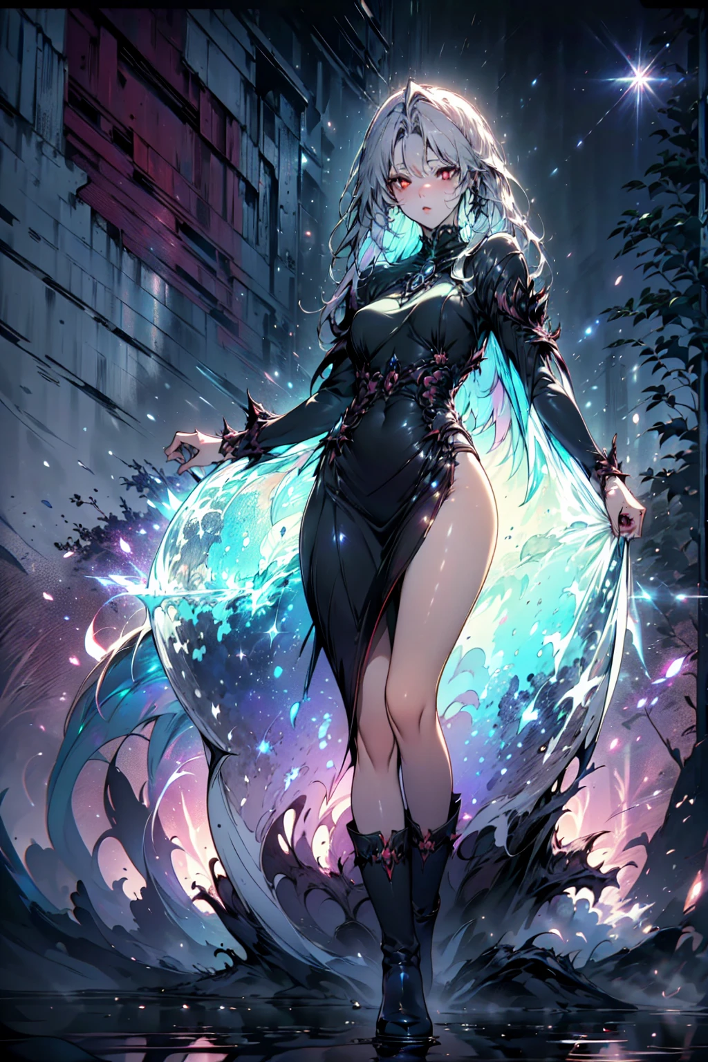 Girl with long white hair down to her waist, with small red details, red eyes, long black dress with a leg slit, with red details, long black boots up to below the knees, white skin, the ground around her is cracking and small stones are floating around her surrounded by a black aura, she is surrounded by shadows, and the background is dark like the night with the universe and stars, her presence causes fear, her shadow appears to be a monster, 8k, high quality, full body, (ultra-realistic), {extremely detailed 8k CG unit wallpaper}, expansive landscape photograph, (light: 2.0), (warm light source: 1.5), complex details, (iridescent colors: 1.5), (bright lighting), (atmospheric lighting), surreal, impressive, fantasy, (Solo: 1.2), White moon