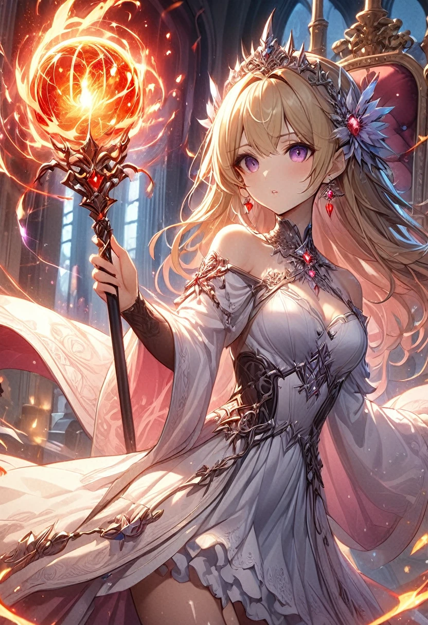 ((masterpiece)), (Textured Skin), ((High Detail)), best quality, The award-winning, 8K, Beautiful woman, Silk dress, noble, Princess, Queen, Blonde, Half bun, Hair flap, jewelled headdress, Crystal Earrings, S((best quality)), 1 Girl, Succubus，Holding a magic wand，Thunder and Lightning，（electrical arcs），electrical arcs，（lightning），（flame），（Fireball）