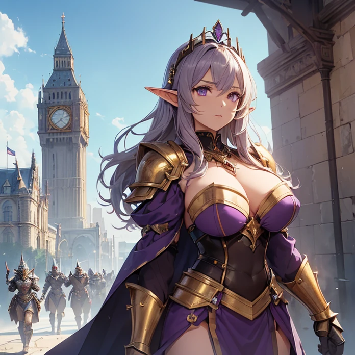 (absurdres, Masterpiece, best high quality image, carefuly detailed features and textures, very detailed image, no deformity, good , full character view and design, character alone "Warhammer's aesthetic") {{(1character:900 years old brown-haired elf noble mature beautiful milf princess:,(dark-brown short-messy-spiky-hair with ahoge, fair skin, purple eyes, brown eyebrows, absolute feminine elder beauty, bravery and leadership feminine),(she wears: purple bulky armor, heavy armored cuirass, bulky big and sharped shoulder plates with gold trims, armored arms and elbows in purple steel, purple gauntlets, armored steel , armored legs, steel longboots, steel purple open helmet with tiara at the top,red-jewell gold-necklace),(she is: marching at the tower, watching with courage and seriousness thevsituation),(castle's deffensive tower, radiant sun in the sky, midday light-blue sky, several golden cannons over the tower's platform)}}