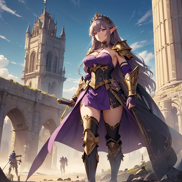 (absurdres, Masterpiece, best high quality image, carefuly detailed features and textures, very detailed image, no deformity, good anatomy, full character view and design, character alone "Warhammer's aesthetic") {{(1character:900 years old brown-haired elf noble mature beautiful milf princess:,(dark-brown short-messy-spiky-hair with ahoge, fair skin, purple eyes, brown eyebrows, absolute feminine elder beauty, bravery and leadership feminine),(she wears: purple bulky armor, heavy armored cuirass, bulky big and sharped shoulder plates with gold trims, armored arms and elbows in purple steel, purple gauntlets, armored steel hips, armored legs, steel longboots, steel purple open helmet with tiara at the top,red-jewell gold-necklace),(she is: marching at the tower, watching with courage and seriousness thevsituation),(castle's deffensive tower, radiant sun in the sky, midday light-blue sky, several golden cannons over the tower's platform)}}