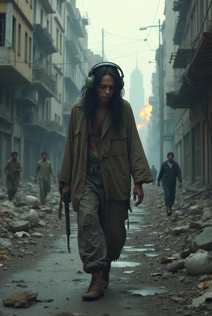 a totally depressed human, with dark circles, a little malnourished, with long hair, with his clothes torn, with headphones, walks in the disastrous city with broken windows, without doors, with cracked streets, people stealing on the streets, house on fire seen in the distance.