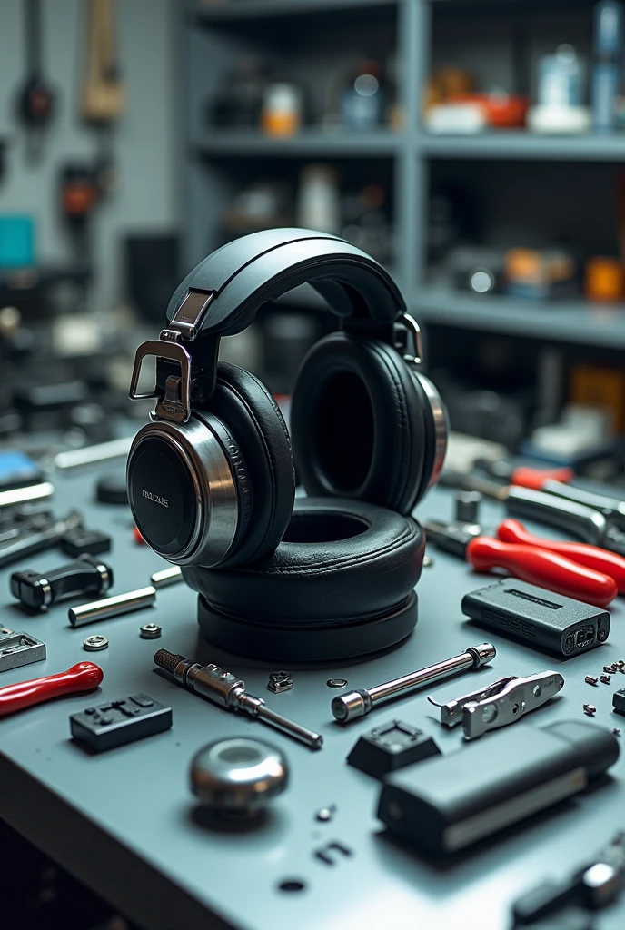 a fully demonstrated aeronautical headset, with all its parts separated on a maintenance table, with tools and equipment used to repair it. all this in high definition and very well organized