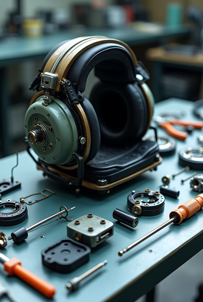 a fully demonstrated aeronautical headset, with all its parts separated on a maintenance table, with tools and equipment used to repair it. all this in high definition and very well organized