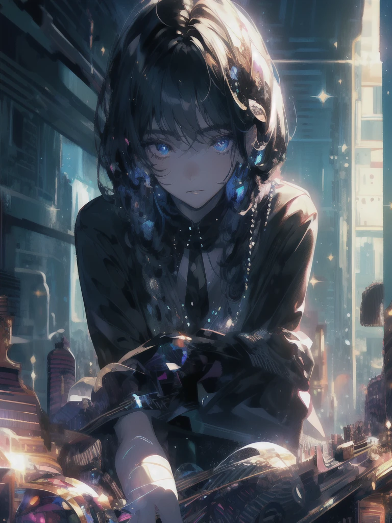 ((masterpiece, highest quality, Super detailed, High resolution)), alone, beautiful girl, shining eyes, perfect eyes, , black white gold theme,