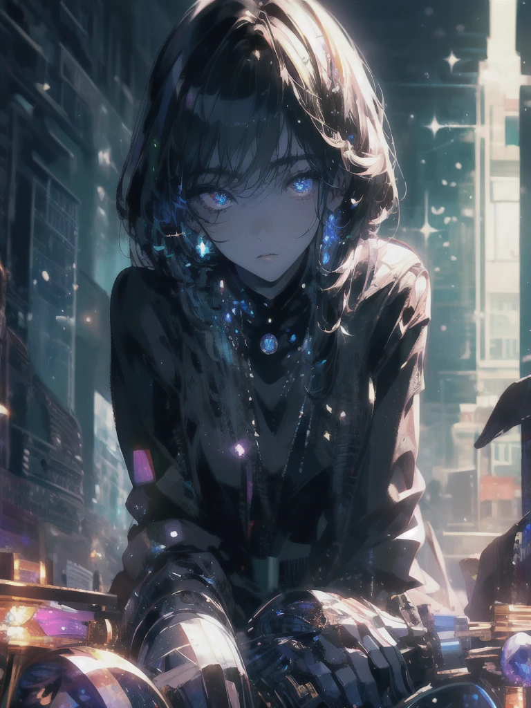 ((masterpiece, highest quality, Super detailed, High resolution)), alone, beautiful girl, shining eyes, perfect eyes, , black white gold theme,