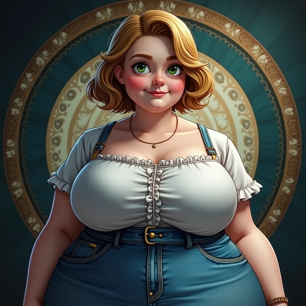 Funny cartoon of a fat young woman with green eyes and short golden hair, modest clothing