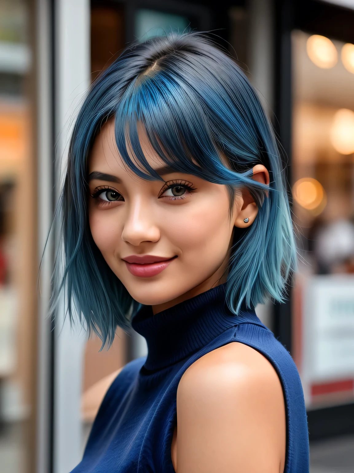 (blue hair:1.4), short hair, realistic green eyes, cobalt hair, long bob hair, tousled hair, shoulder length hair, Full body, woman with white skin and Asian features, 24 year old, big breast. She has a small, elegant nose with a slight upward curve at the tip. Her lips are full and naturally pink, with a well-defined Cupid's bow. Her teeth are straight and white, enhancing her captivating smile. Her face has an oval shape with high cheekbones that add to her model-like appearance. (crack), detailed (texture!, shine, color!!, flaws: 1.1), highly detailed glowing eyes, (looking at camera), specular light, dslr, extreme quality, crystal clear, cute face, detailed skin pores, oil Dark skin, brown, complex eye details, she is far from the camera, A full-body portrait, captured from a distance. Dynamic Frame, 8K, Best Quality, Realistic, full body Realism, beautiful hairstyle, Dynamic Frame, Beautiful girl standing in front of a store in a shopping mall, (Surreal,High resolution, Very detailed:1.2), (8k), , (highest quality), (Very detailed), (( Mastepiece)),highest quality,Very detailed, Beautiful woman standing wearing a dark red checked single-breasted blazer ,break, White turtleneck sweater, High-waisted flared jumper skirt with blue belt, (Ultra-realistic pantyhose), full body shot、 Black Medium Bob, Fine and beautiful eyes, Cute face, bust, Big Boss, Fine and beautiful features, Captivating smile, big breast, (short hair:1.3)