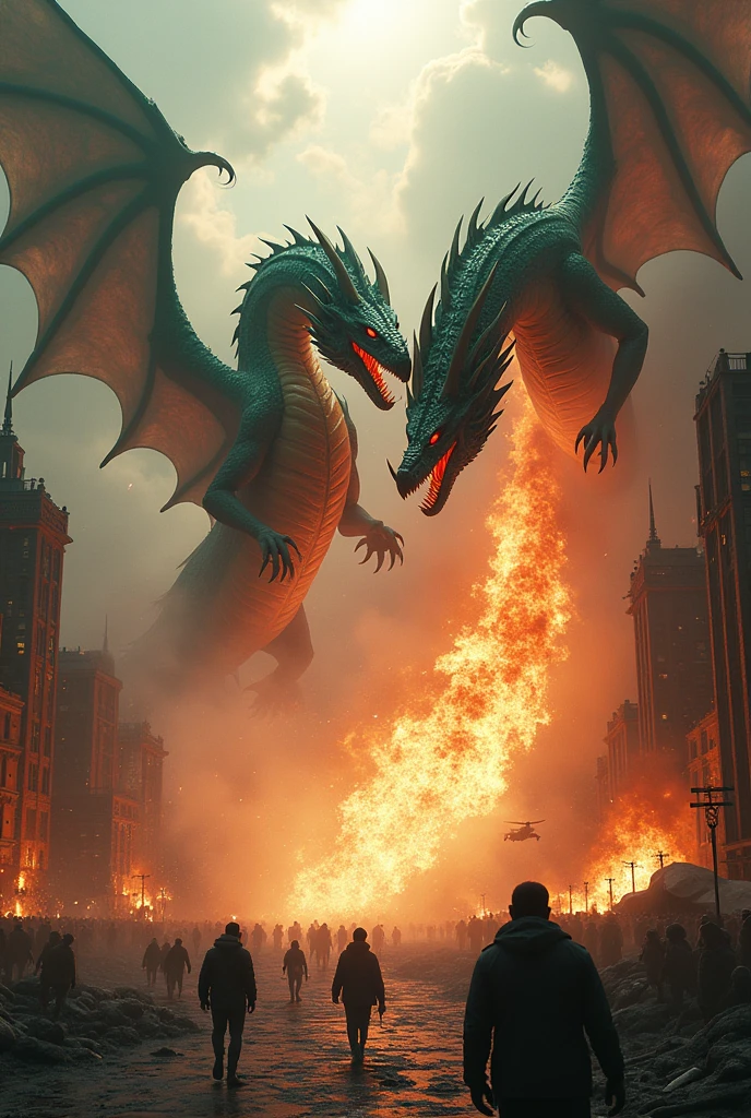 Two dragons fighting and destroying an entire city