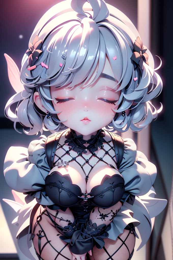 high quality、Correct Anatomy、plastican00d、Bright atmosphere、Realistic Light、Spotlight from above、cute、Gothic Fashion、Big Breasts、Fishnet tights、Silver Hair、garter belt、Double-headed appearance、plastic、Very short hair、balcony、whole body, Little、KISS Face、Close ~ eyes