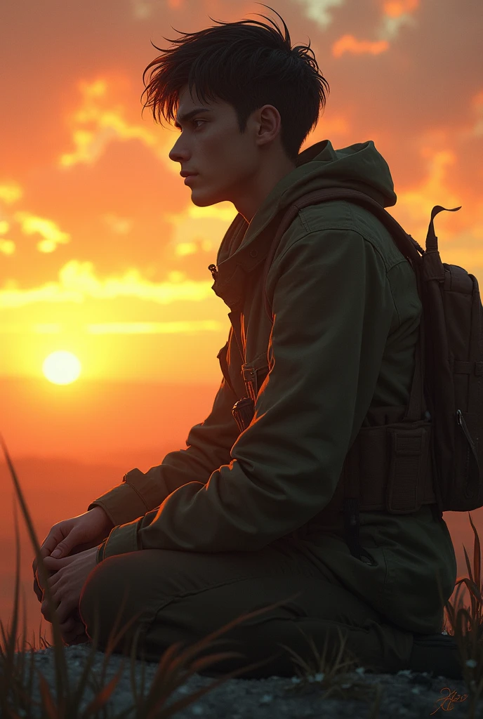 A young man kneels and watches the sunset. His uniform is worn. He looks tired. His hair is wet.