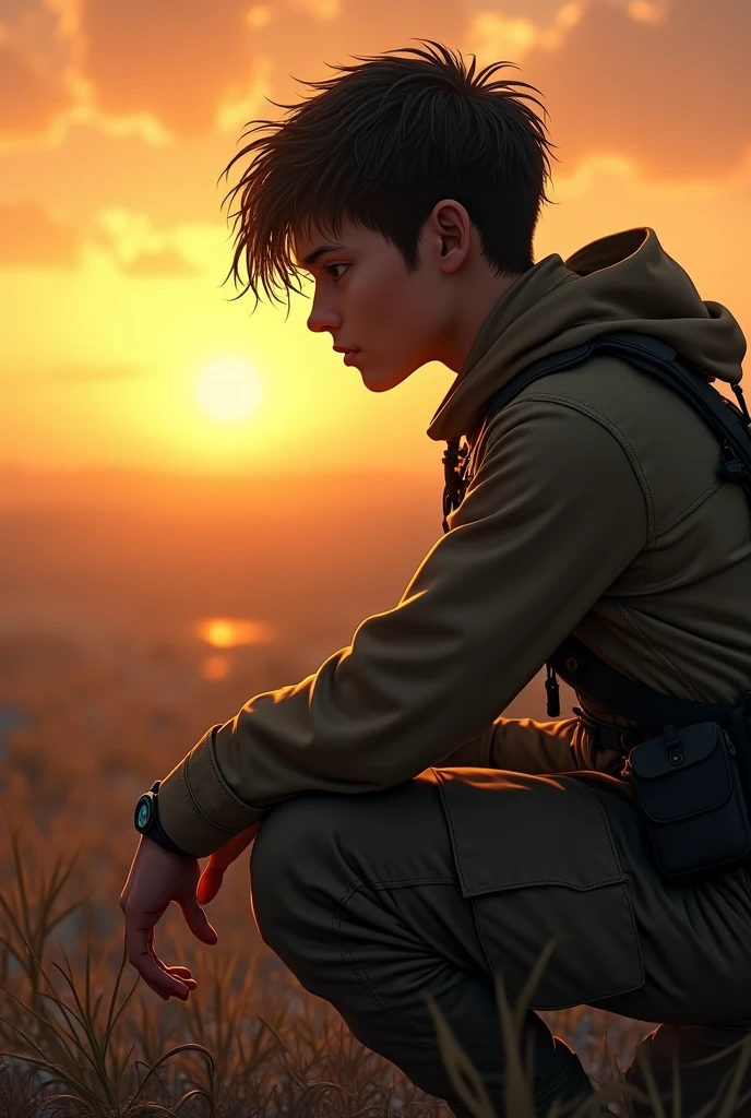 A young man kneels and watches the sunset. His uniform is worn. He looks tired. His hair is wet.