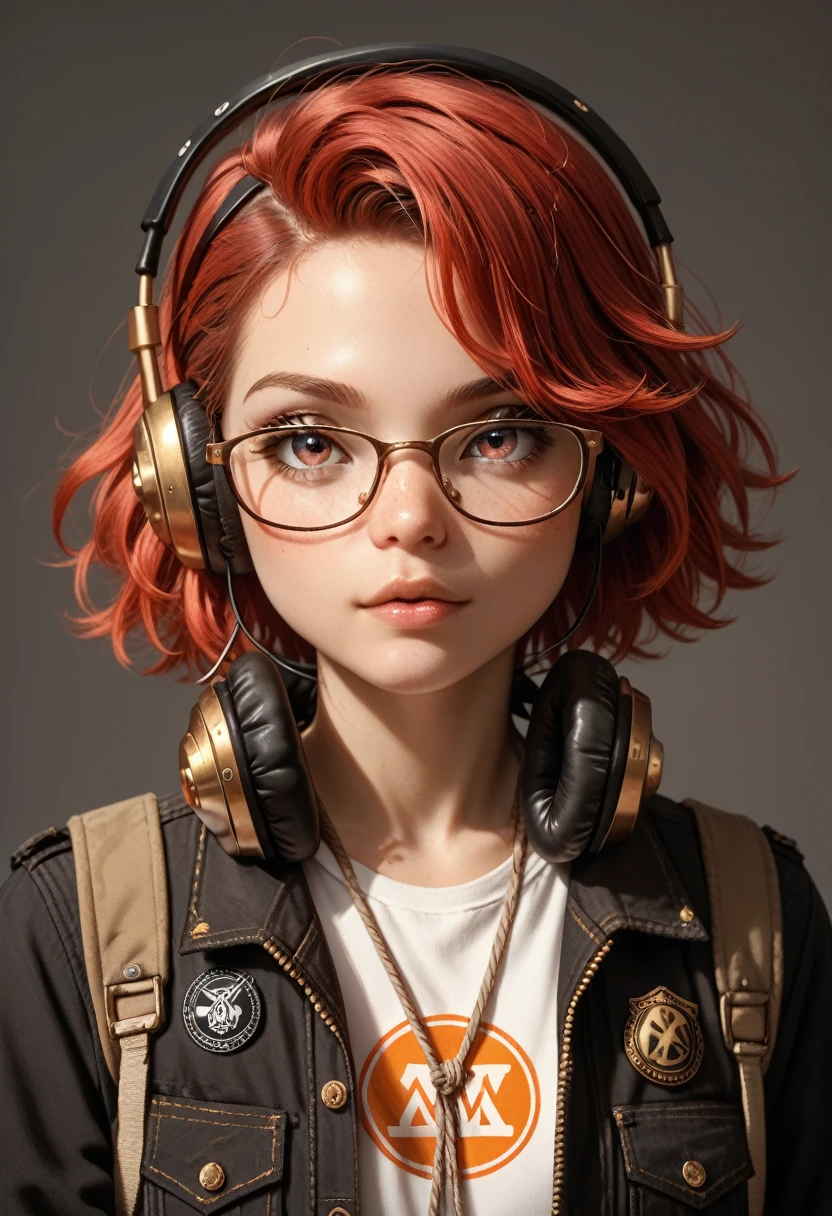 Young woman, Glasses, headphones, logo, avatar, Red with Black, Intertwined, Rope, Small Golden Patches, Clear drawing, bright colors, clear detail