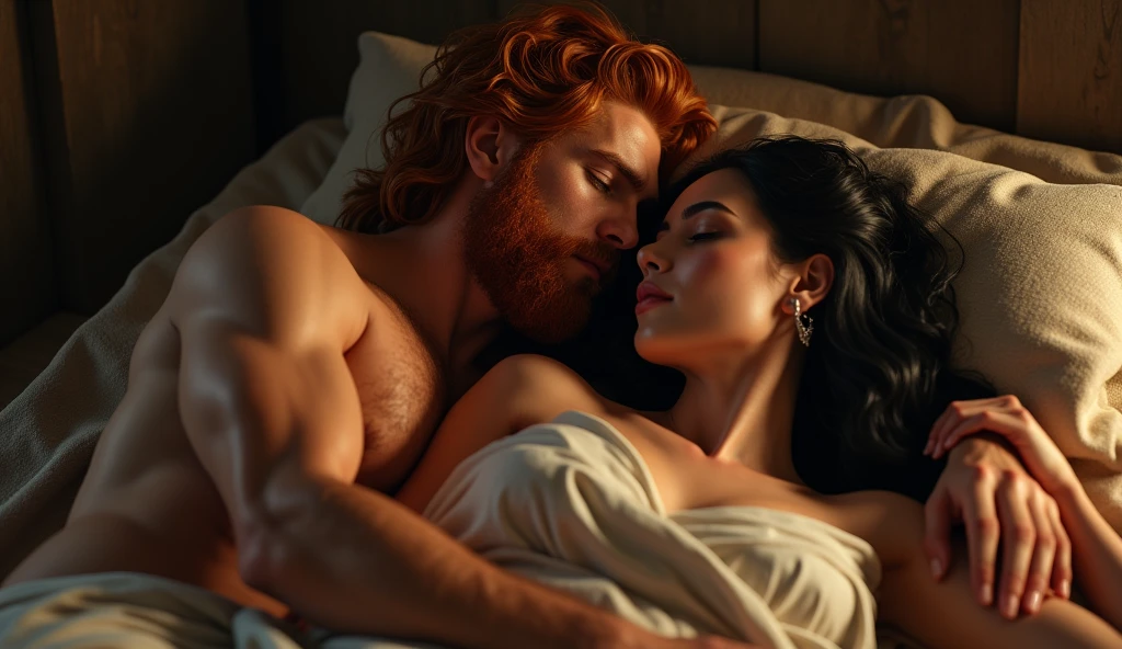 (best quality: 1.4), (Ultra Highres: 1.2), (photorealistic: 1.4), (8k, RAW photo: 1.2). The description of King David's physical appearance is not detailed in the biblical narrative, but her origin suggests that she probably had similar characteristics to other people in the region. He has beautiful red hair and a beard. Without historical-cultural context, the story of the man with the appearance of a King, he is lying in his bed with a Samaritan-looking woman with black hair, his wife, romance scene