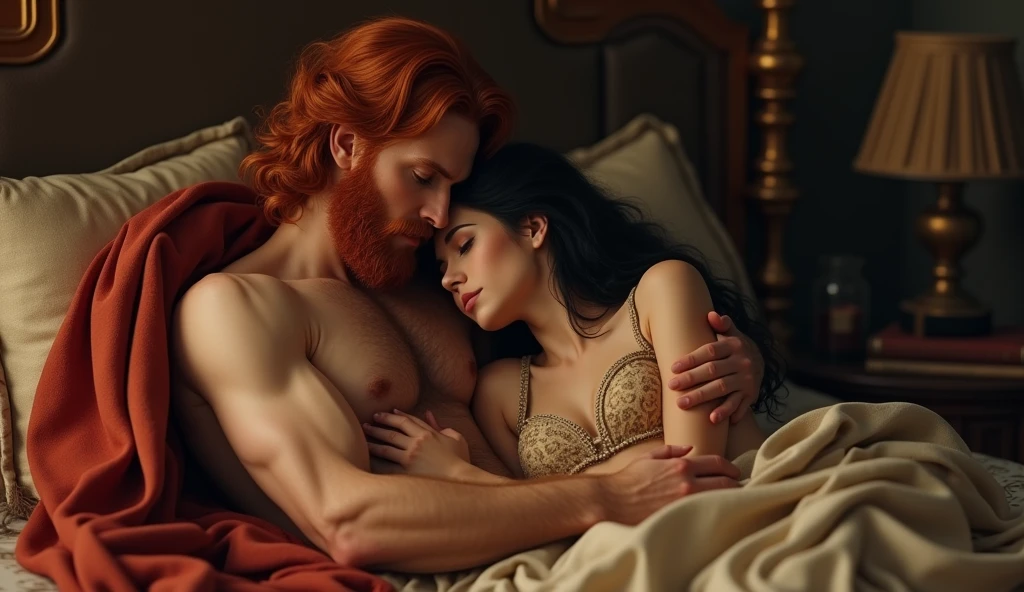 (best quality: 1.4), (Ultra Highres: 1.2), (photorealistic: 1.4), (8k, RAW photo: 1.2). The description of King David's physical appearance is not detailed in the biblical narrative, but her origin suggests that she probably had similar characteristics to other people in the region. He has beautiful red hair and a beard. Without historical-cultural context, the story of the man with the appearance of a King, he is lying in his bed with a Samaritan-looking woman with black hair, his wife, romance scene