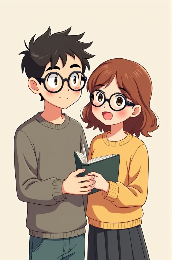 I want a cute anime couple with a man with a full mouth and thick eyebrows wearing panto glasses and a girl with cute bangs wearing round glasses,both nerds