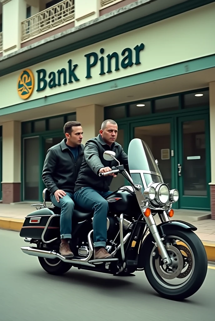 Angle camera wide shot from the side Theres 2 person (male) on a motorcycle who just arrived in bank building and park their motorcycle infront of it. the bank name is bank pinar