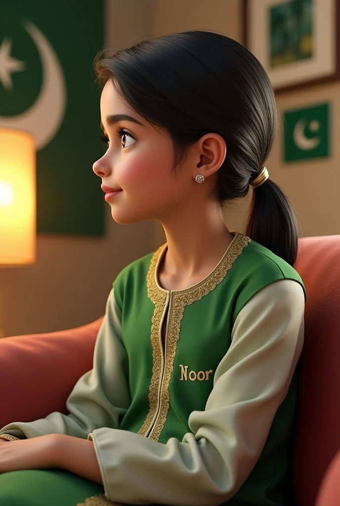 Creat 3d profile pic of 13 year old girl wear green and white kurta sitting on room on sofa  the rooms wall decorated with pakistani flags and write the girls name'noor' on kurta