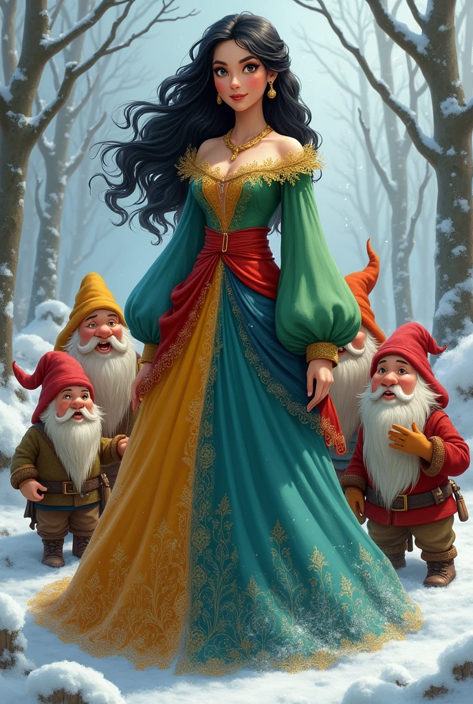 A princess with long black hair and a green, blue and yellow winter dress with a red sash around her waist.
She is accompanied by seven dwarves