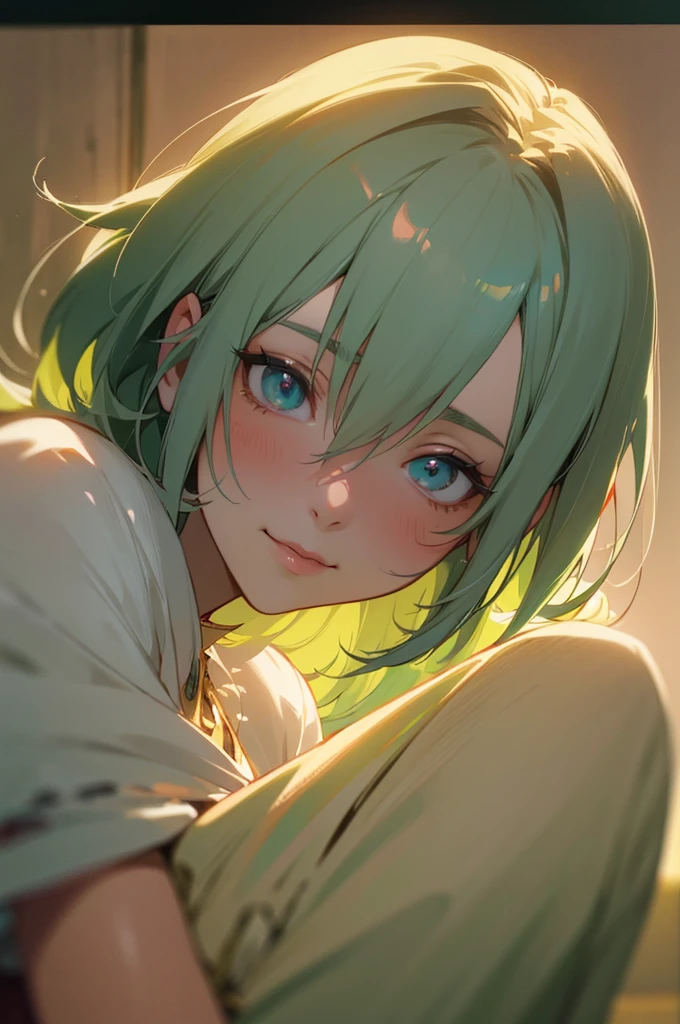 A young anime man with green hair and a young anime woman with white hair, both dressed in green, hugging each other and smiling, the man appears shy, (best quality,4k,8k,highres,masterpiece:1.2),ultra-detailed,(realistic,photorealistic,photo-realistic:1.37),intricate details,highly detailed faces,beautiful detailed eyes,beautiful detailed lips,extremely detailed eyes and face,longeyelashes,soft lighting,warm color palette,romantic,heartwarming,tender moment
