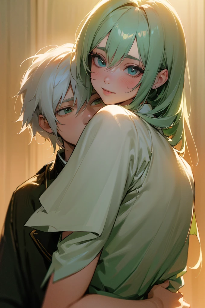 A young anime man with green hair and a young anime woman with white hair, both dressed in green, hugging each other and smiling, the man appears shy, (best quality,4k,8k,highres,masterpiece:1.2),ultra-detailed,(realistic,photorealistic,photo-realistic:1.37),intricate details,highly detailed faces,beautiful detailed eyes,beautiful detailed lips,extremely detailed eyes and face,longeyelashes,soft lighting,warm color palette,romantic,heartwarming,tender moment