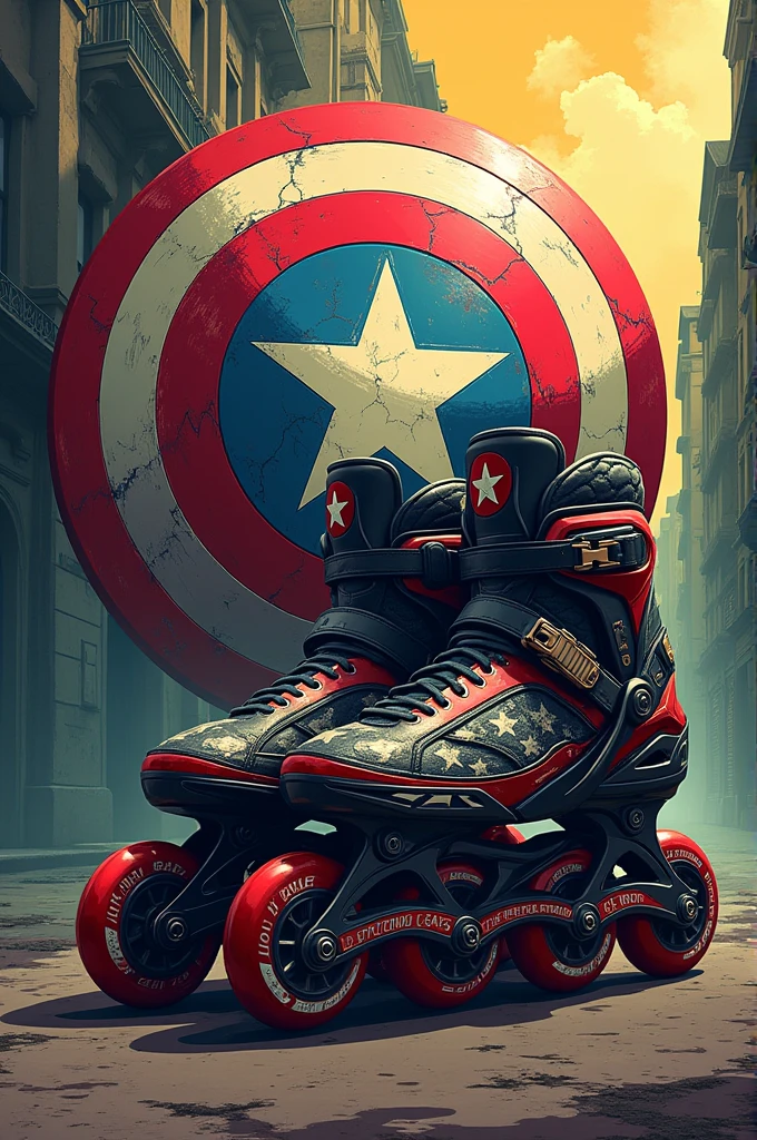 I would like you to create an illustration of inline skates, with Captain America&#39;s shield with the colors of Pernambuco in a military design