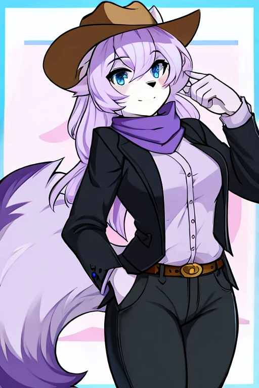 Loba Gris, lilac hair, with cowboy hat, blue eyes, purple scarf, Lilac shirt, black jacket, black pants 