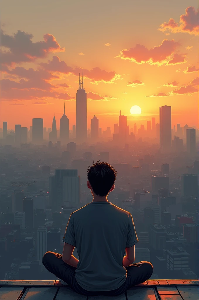A guy sitting on the rooftop in the evening