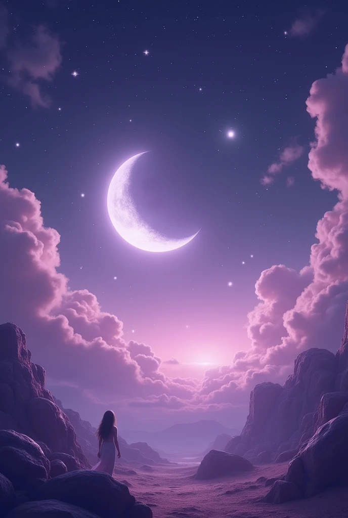 A lilac sky and a large waning moon in the center with many large white stars
