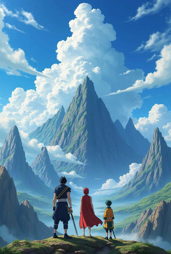 An image with a very epic background and anime characters appearing, Sasuke, Zoro and Li Syaoran.