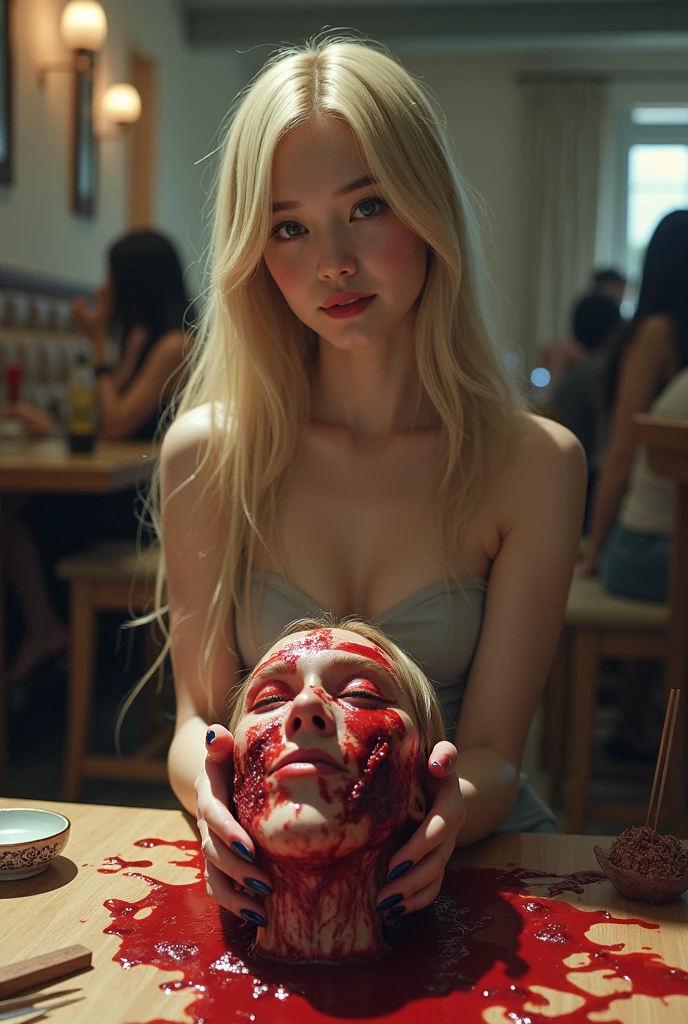 (((photorealistic:1.4))), ultra realistic, pores, (((masterpiece))),high quality,

beautiful pretty korean girl with ultra long sharp pointed shiny dark blue with pretty fingernails sitting on the chair simple smile, long blonde, blood splatter, sitting on sofa, restaurant, people arround, holding handsome human head on the table with deep cuts and wound, organs, extreme gore, flesh, blood splatter, long legs, tools, 