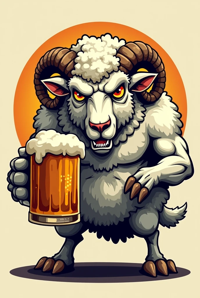 Veterinary course logo, angry and fierce sheep drinking beer