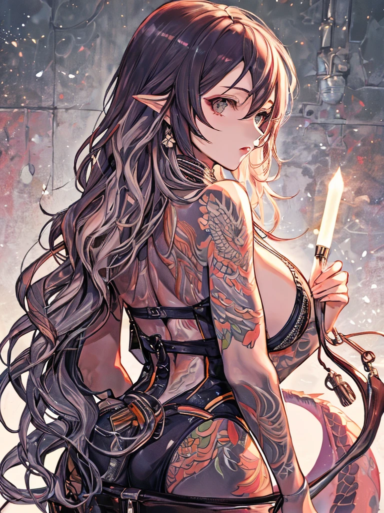The best quality, 超High resolution, detailed representation, from behind, Beautiful women, big and full breasts, Dragon tattoo on the entire back, fluffy clothes, toned and muscular body, Close-up of head and back,
